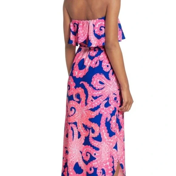 Lilly Pulitzer Meridian Strapless Midi Dress Ikat Blue Pink Small - Picture 2 of 8
